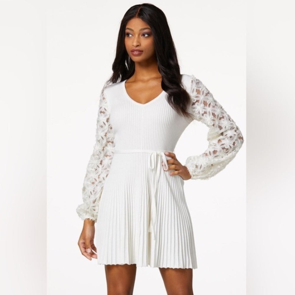 Cato Mesh Floral Long Sleeve Ribbed Sweater Dress White Ivory Size M